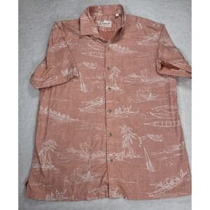 Kahala Aloha Shirt Mens L Coral Salmon Hawaiian Surf Print Made in Hawaii Cotton